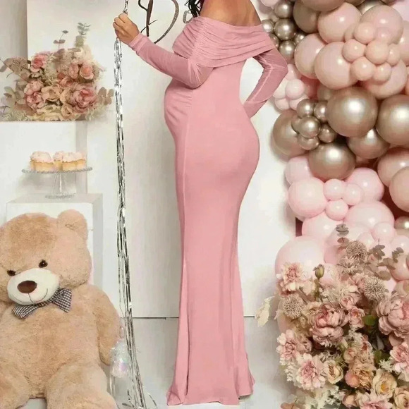 Pink Elegant Women's Maternity Off Shoulder Foldover Dress - Picture 2 of 7